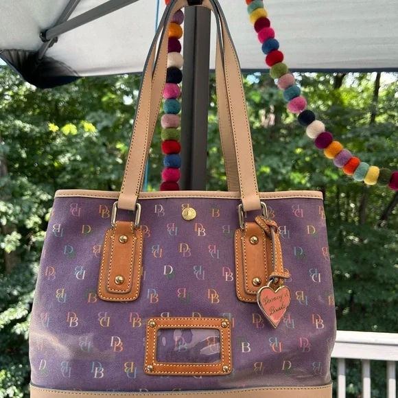 Dooney & Bourke Purple Logo Shoulder Bag with Leather Accents and Pink Heart - Picture 1 of 16